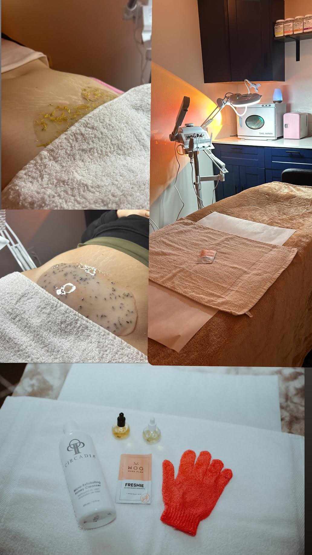 Images of a spa or massage therapy session with treatment equipment, a massage bed, and skincare products including a cleanser, essential oils, and gloves.