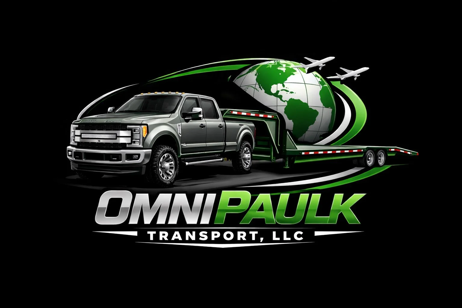 Logo for OmniPaulk Transport, LLC featuring a silver pickup truck towing a green flatbed trailer with a globe and airplanes background.