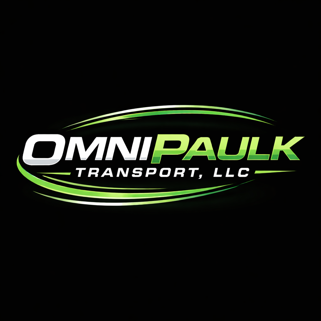 Logo for Omni Paulk Transport, LLC with green and white text on a black background.