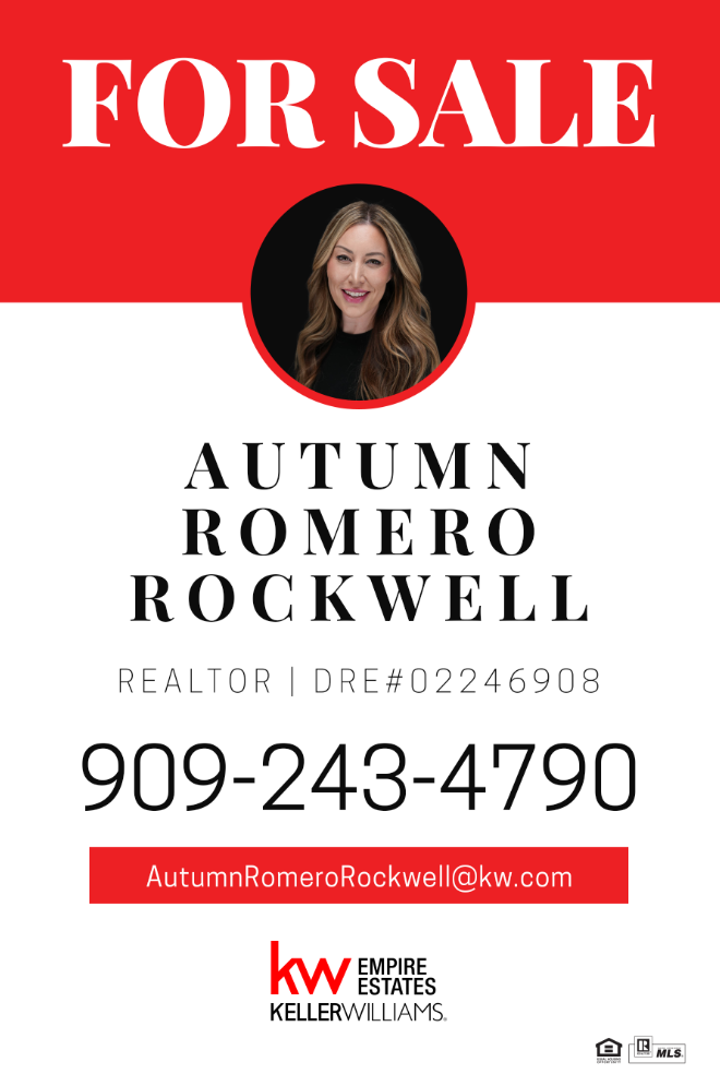 Real estate flyer for Autumn Romero Rockwell, a realtor, featuring her photo, contact information, email, and logos of Keller Williams and Empire Estates.