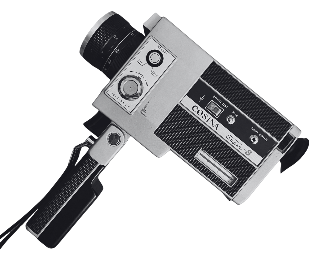 A vintage Cosina Super 8 film camera with a silver body, black grip, and various dials and controls.