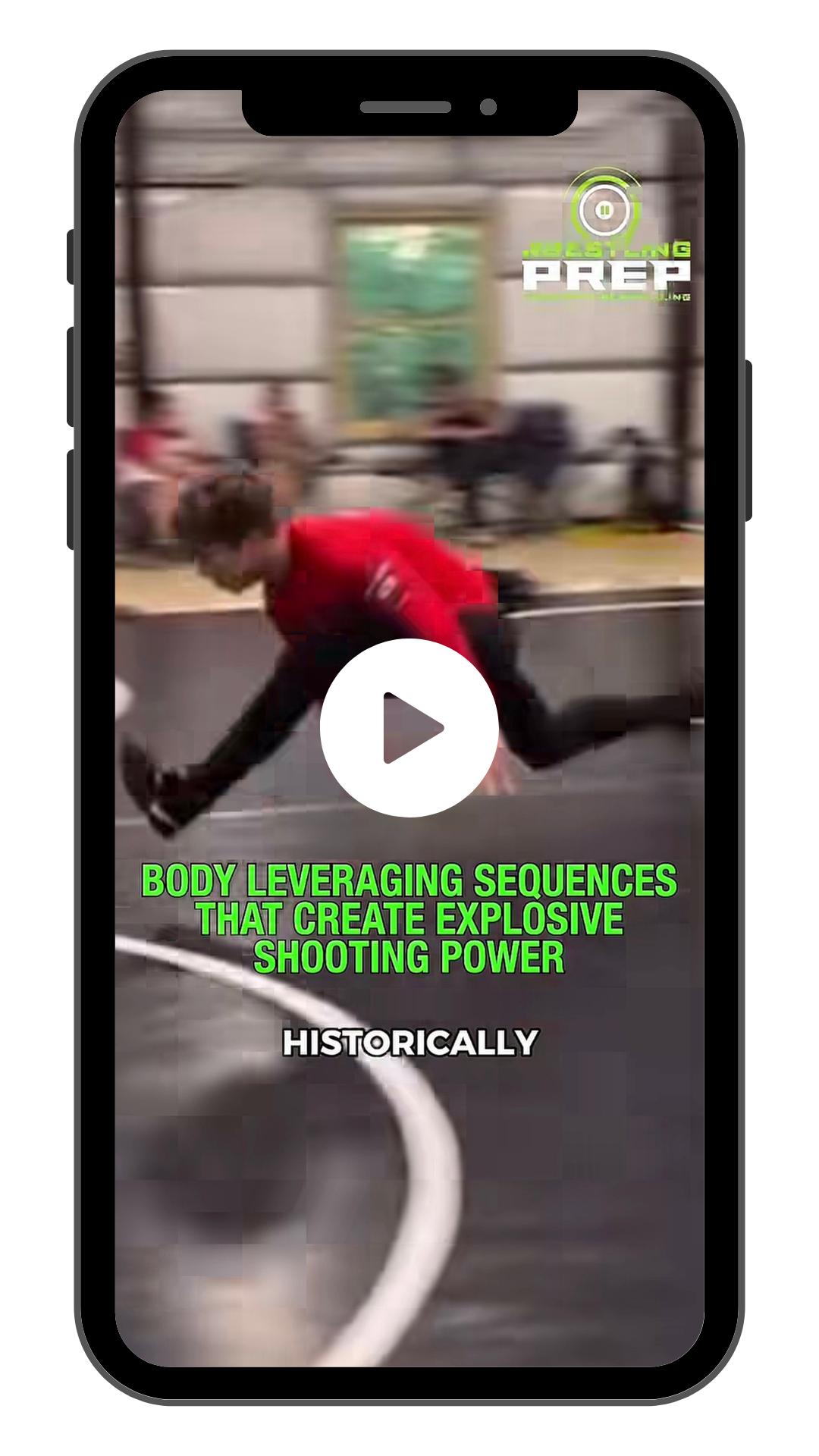 Viral Client Video: a person in a red shirt falling forward as part of a wrestling move demonstration, with text overlay about explosive shooting power and body leveraging sequences, and a play button icon on a mobile device screen.
