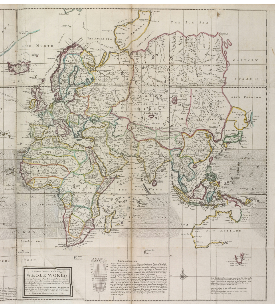 Historical map of the world from 1792 showing continents and countries with color-coded borders, along with geographic and exploratory annotations.