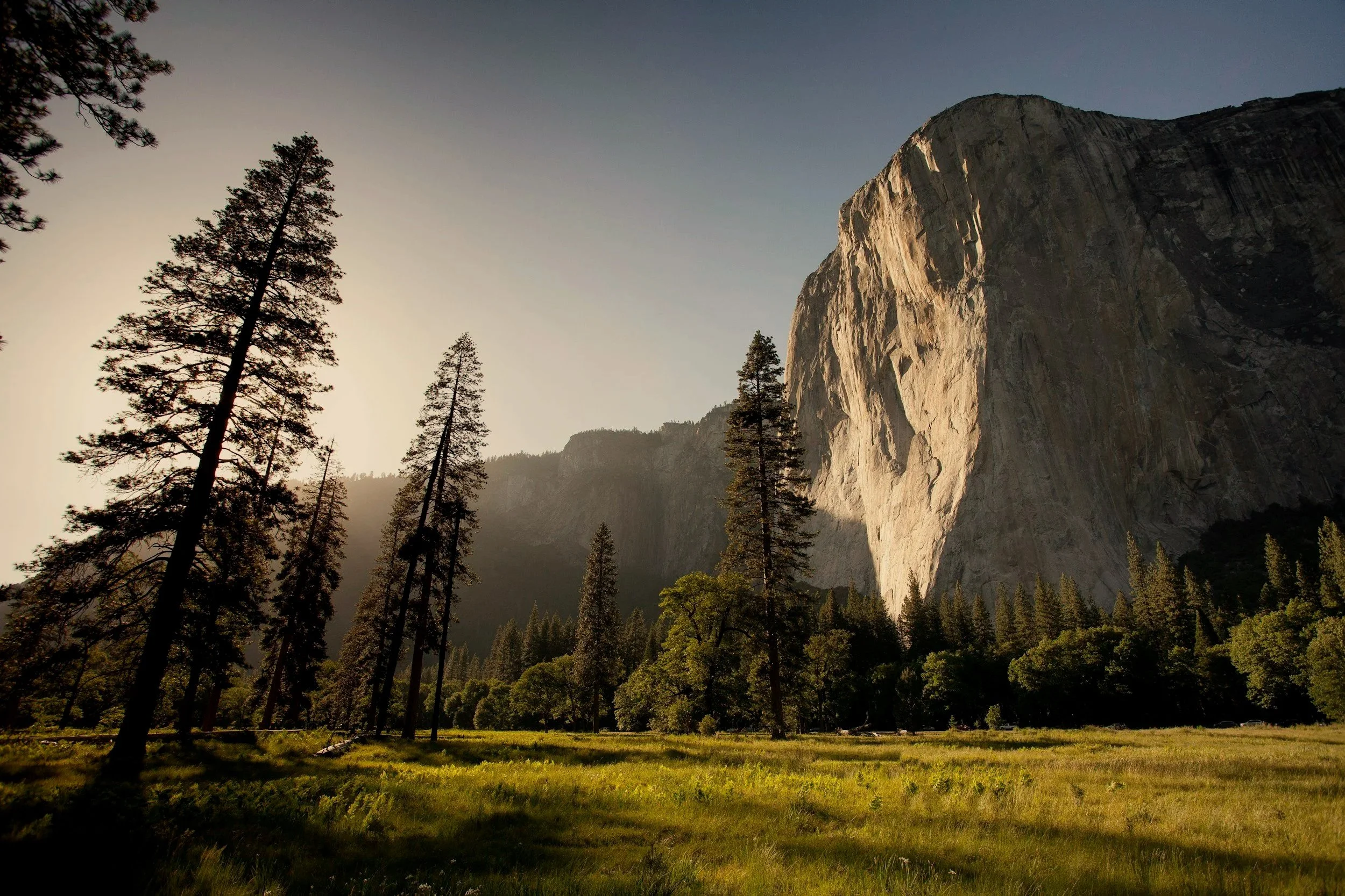 Sunset over a mountainous landscape with tall pine trees in the foreground and a large rock face in the background.