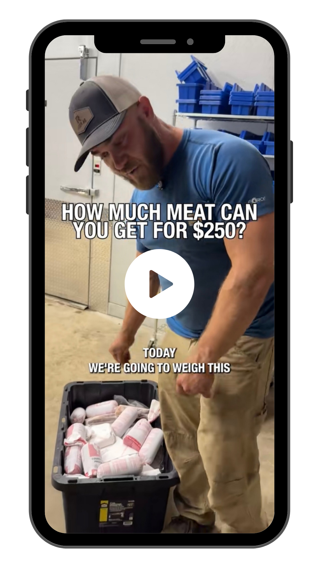 Viral Client Video: A man in a blue shirt and beige pants is in a warehouse, looking at a container filled with frozen meat products, with text overlay asking about the cost of meat for $250 and saying they will weigh the meat.