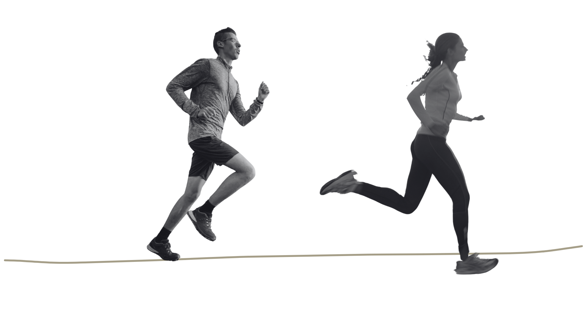 A grayscale image of a man and a woman running on a track, with a geometric background and a line highlighting their movement.