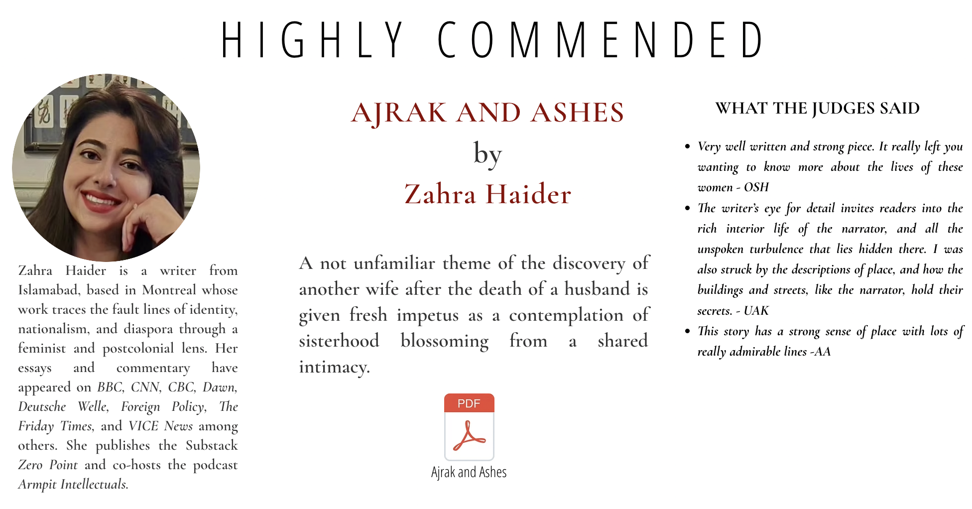 Book cover titled 'Highly Recommended' featuring a woman with long dark hair, smiling and resting her chin on her hand. Text mentions the book 'Ajrak and Ashes' by Zahra Haider, with a brief description and positive comments from reviewers.