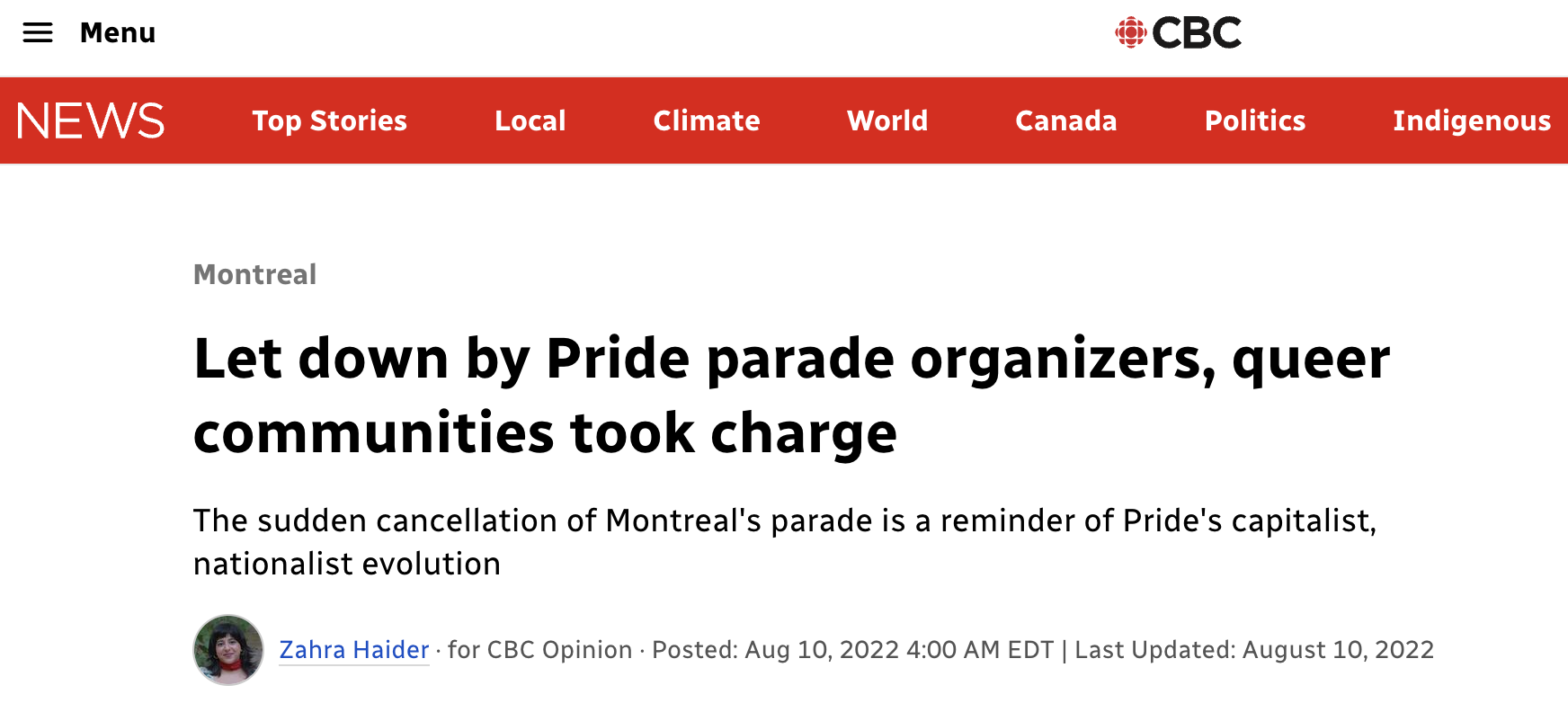 Screenshot of CBC news article headline about Montreal Pride parade cancellation with community response.