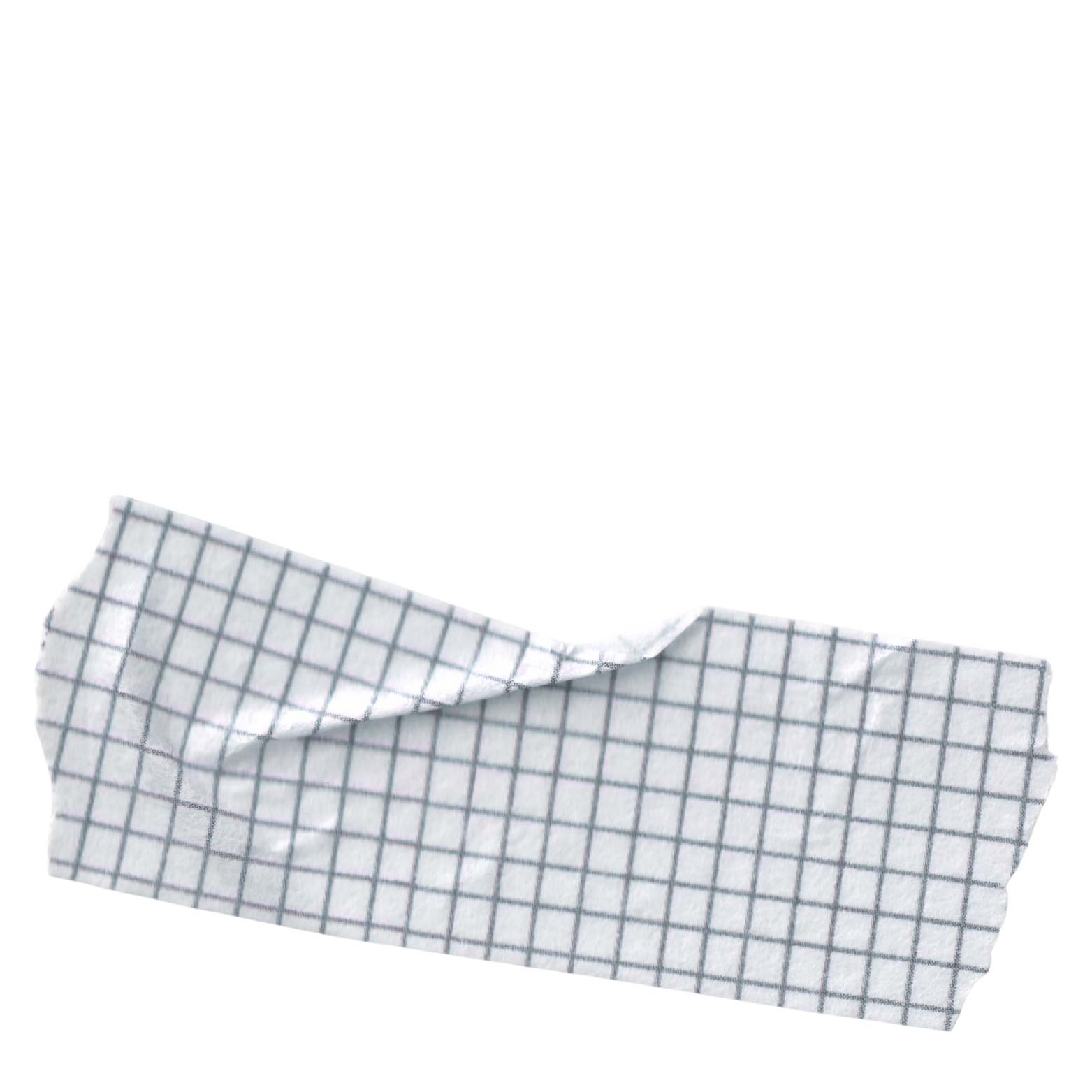 A white cloth with a black grid pattern, folded and lying on a white surface.
