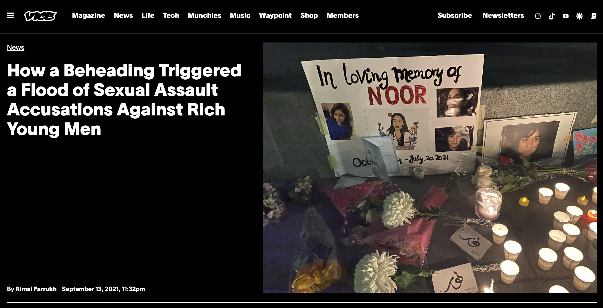 A memorial display with framed photos, flowers, candles, and a handwritten tribute board reading "In loving memory of Noor."
