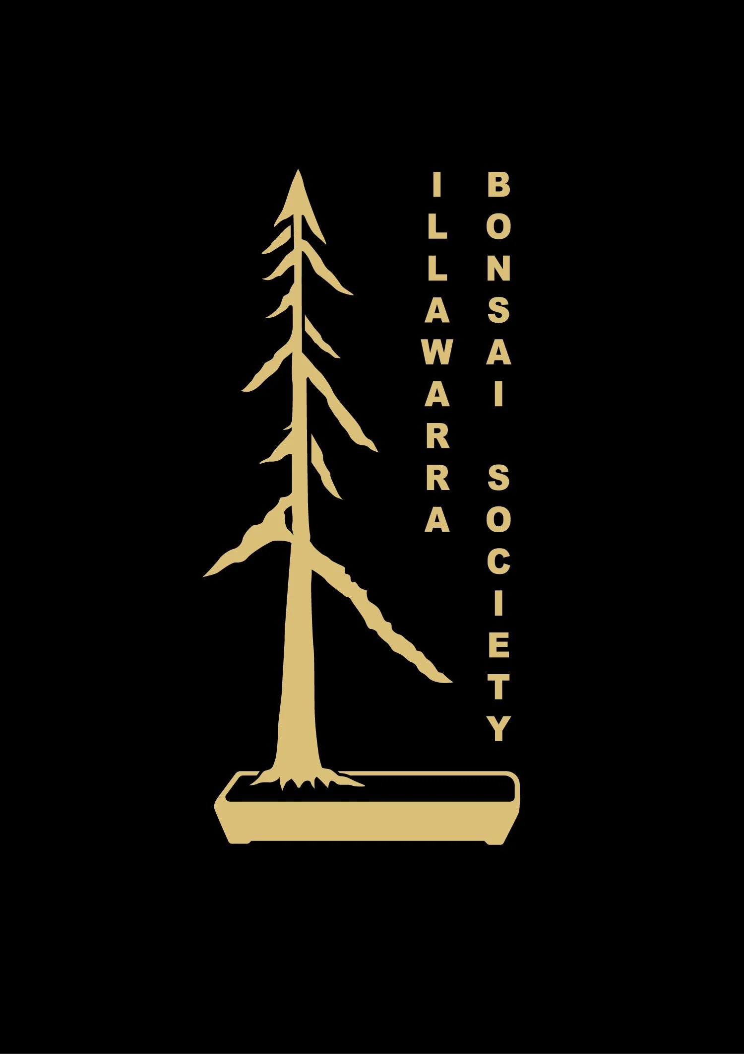 Logo of the Illinois Wisconsin Society, featuring a stylized beige tree in a beige planter on a black background, with the society's name written vertically to the right of the tree.