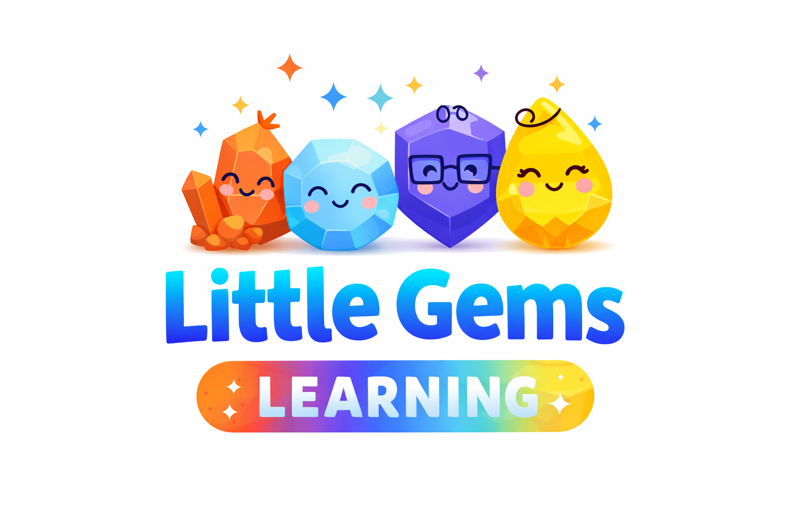Colorful animated gemstones with smiling faces above the text "Little Gems Learning" in bold, gradient-colored letters on a white background.