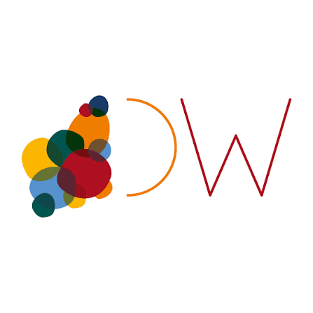 Colorful overlapping circles forming abstract shapes with a curved line and the letters D W in red.