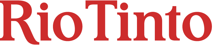 Close-up of the Rio Tinto logo in red lettering on a black background.