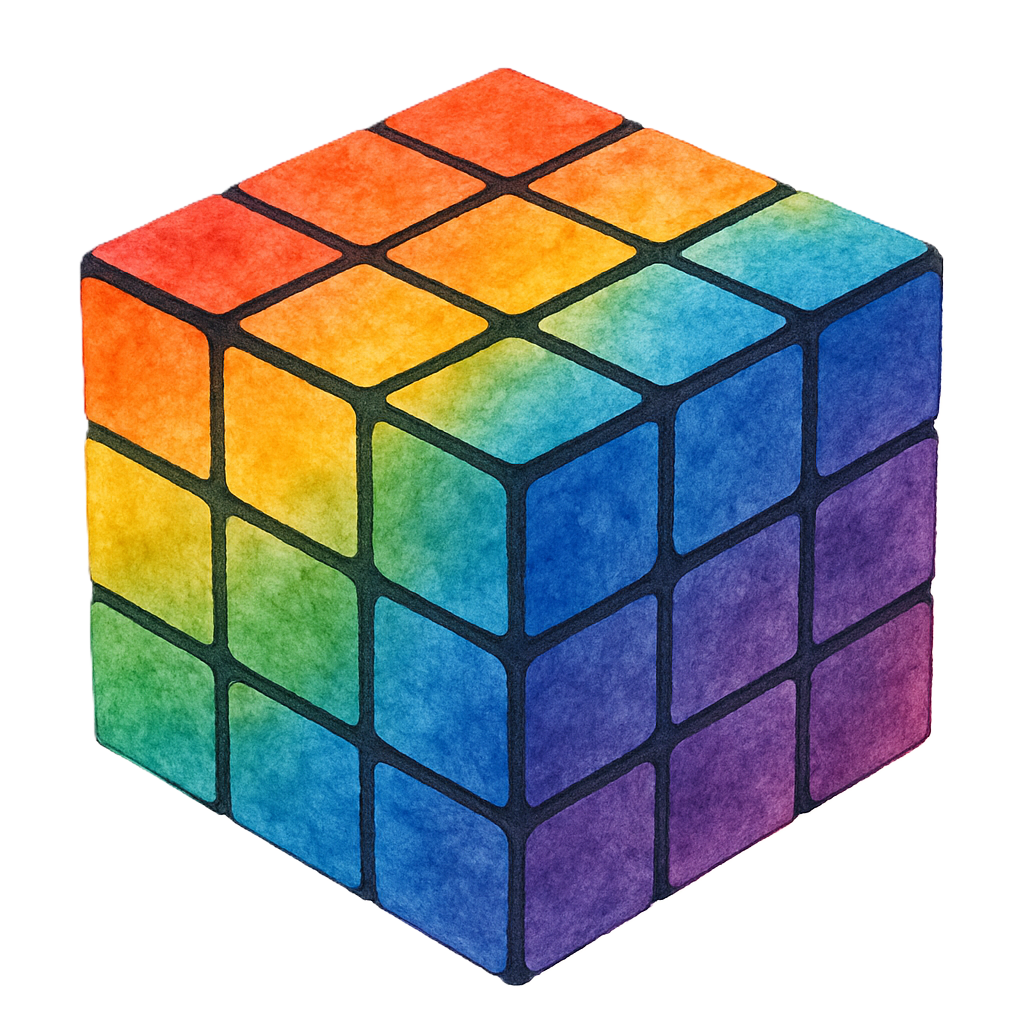 Colorful illustration of a Rubik's Cube with rainbow-colored sides.