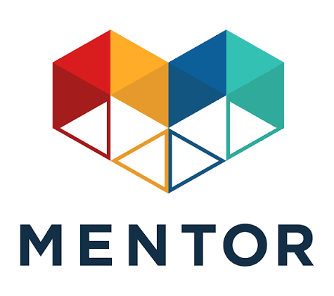 A logo composed of colorful 3D cubes forming a heart shape, with the word 'MENTOR' below in bold letters.
