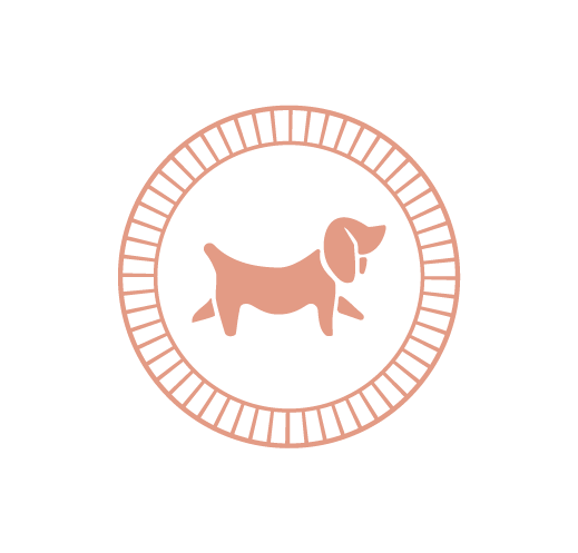 A circular logo featuring a stylized dog inside, with a decorative border around the circle.
