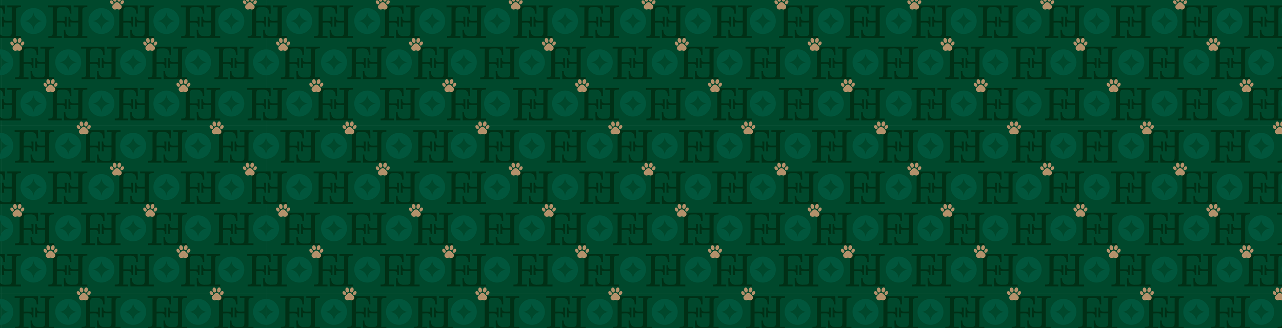 Pattern of green background with light brown paw prints and dark green 'H' and star symbols.