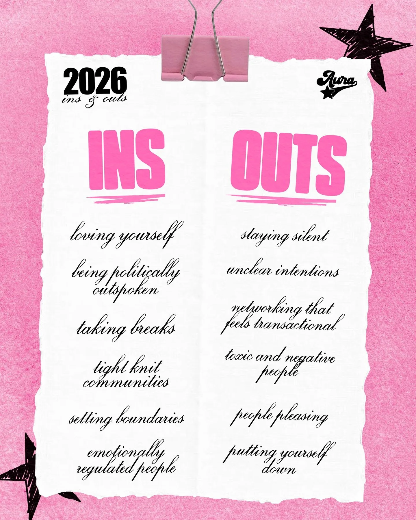 our 2026 ins and outs 🩷⋆˙⟡ the year of prioritizing ourselves above all else!! share some of your ins and outs in the comments 💞

#auramagaziine #auramag #insandouts #zine