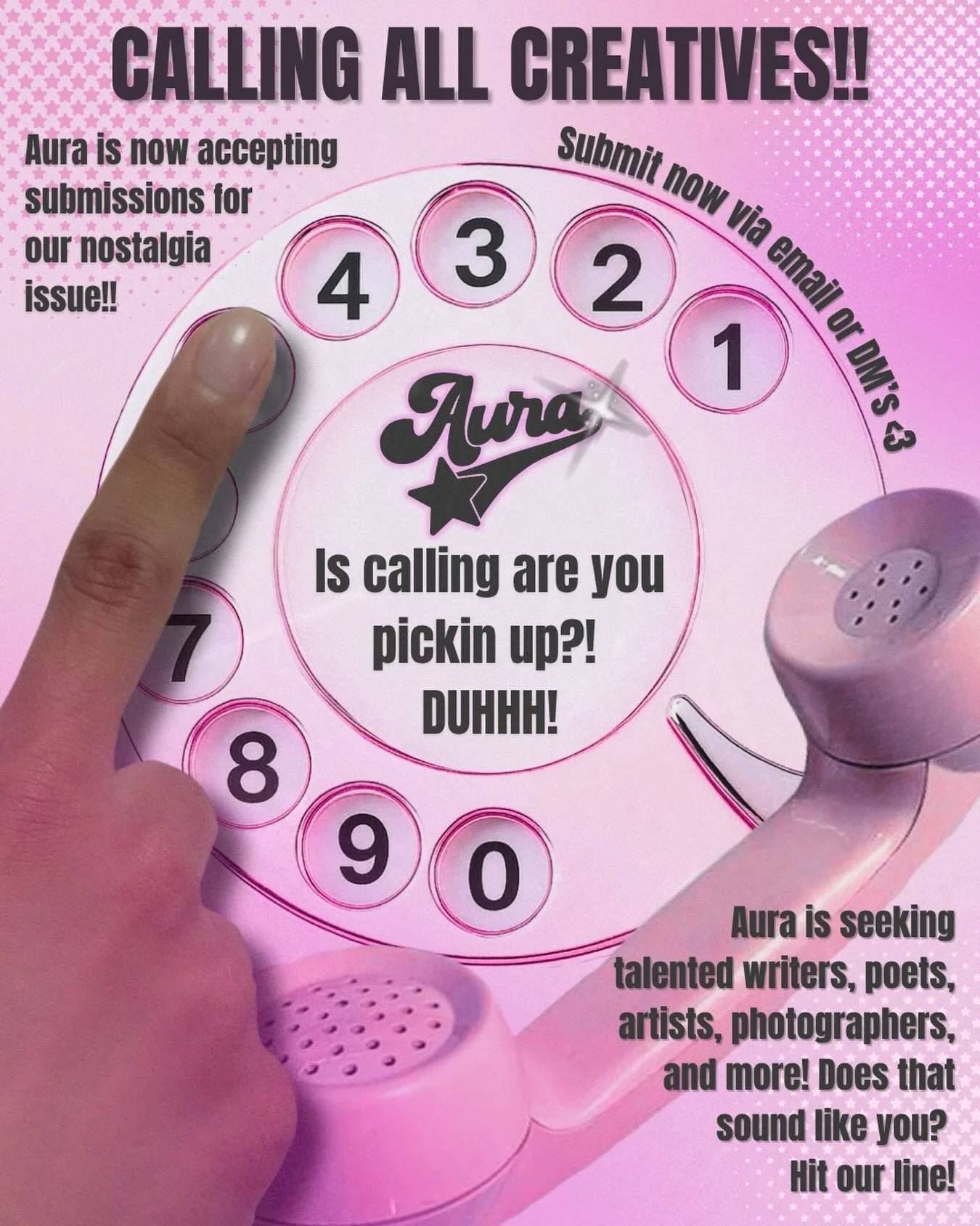 issue 002 nostalgia submissions are open📞💕

send us your work 💭
via email: auramagaziine@gmail.com

submissions close april 20th&hellip; don&rsquo;t miss out☎️

graphic by @shiloalamilloo 

#auramagaziine #zine #nostalgia #opensubmissions #creativ