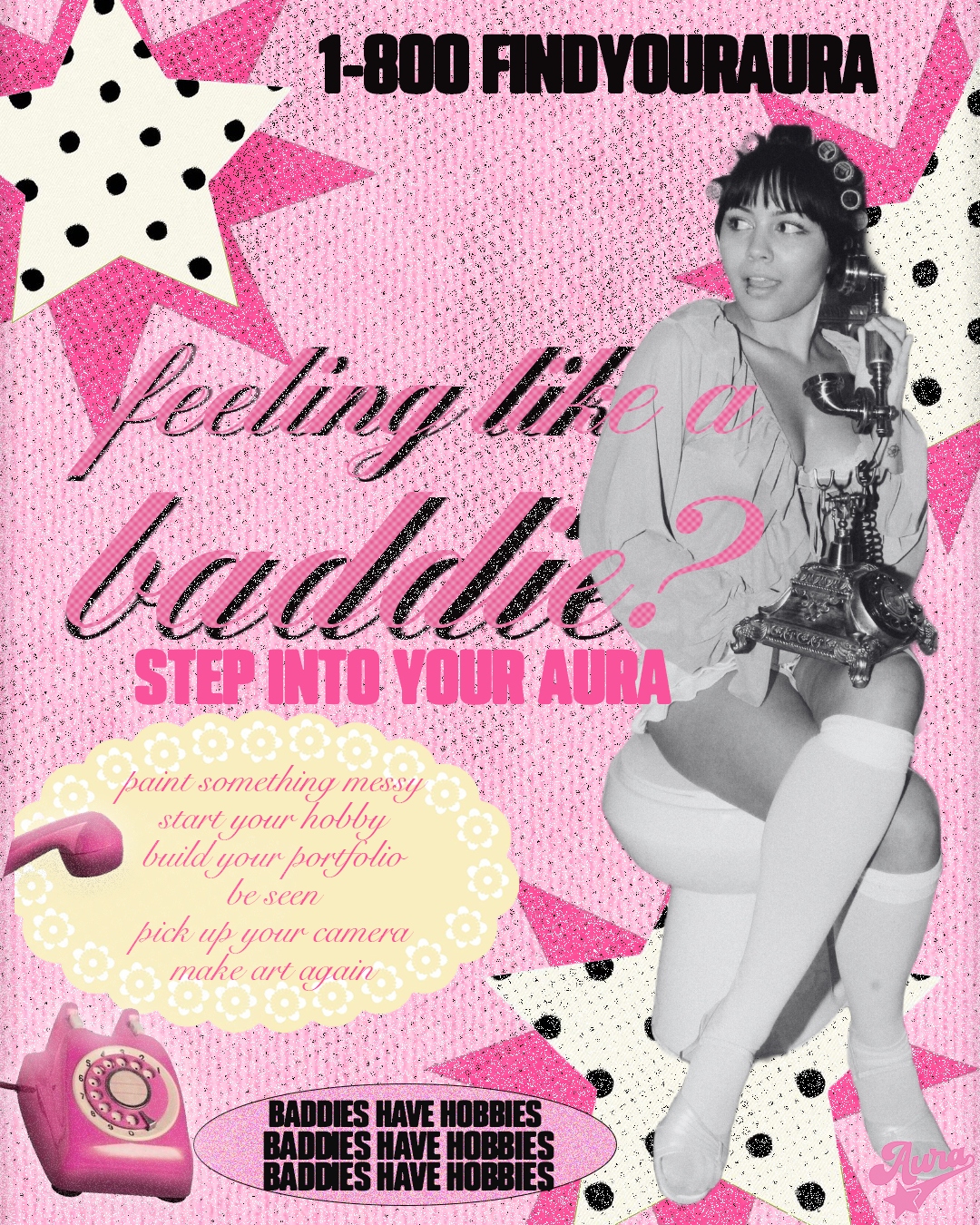 Pink and black vintage style poster with a woman on a toilet holding a rotary phone, surrounded by stars, polka dots, and vintage objects like a pink rotary phone and a pink lipstick. Includes text about hobbies and feeling like a tadpole.