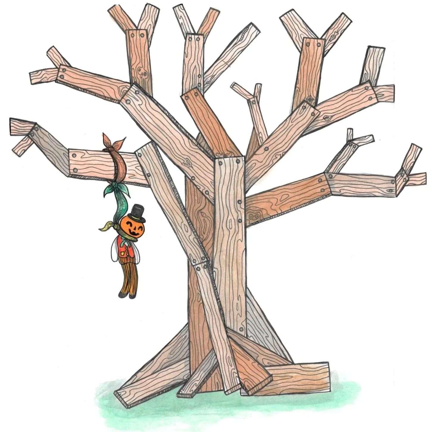 A cartoon drawing of a leafless tree with a pumpkin character hanging from a branch, wearing a black top hat and a red vest, with a green ribbon tied around its stem and smiling.