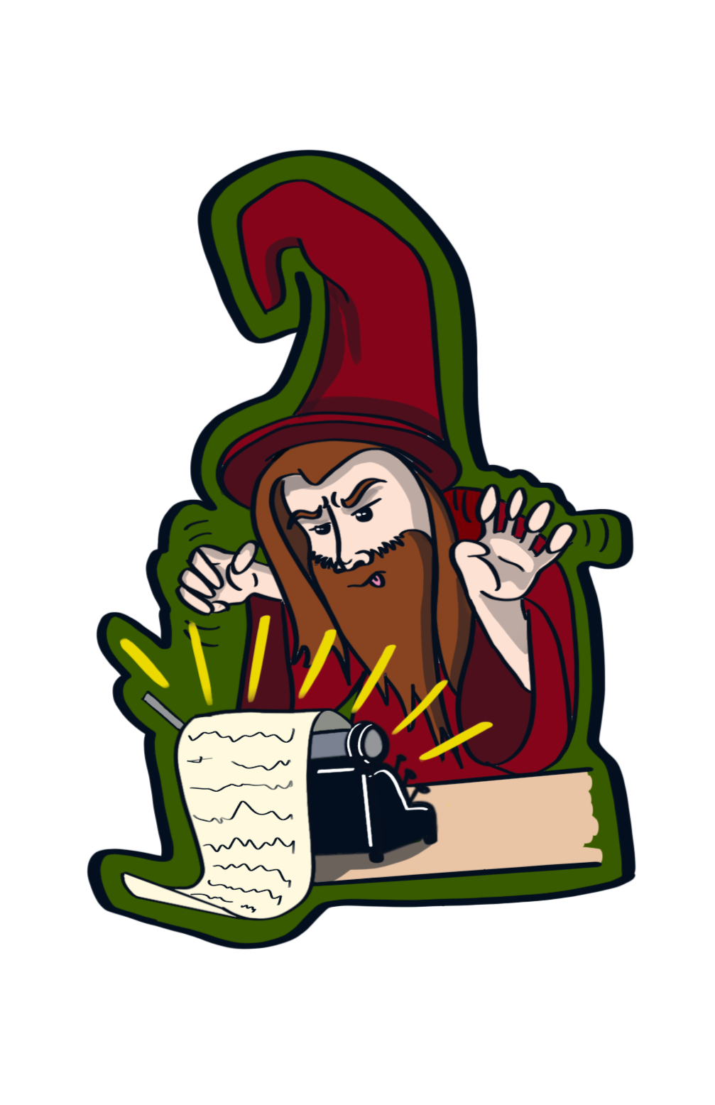 A cartoon wizard with a red hat and robe, sitting at a desk, using a vintage typewriter, with a long scroll of paper flowing out.