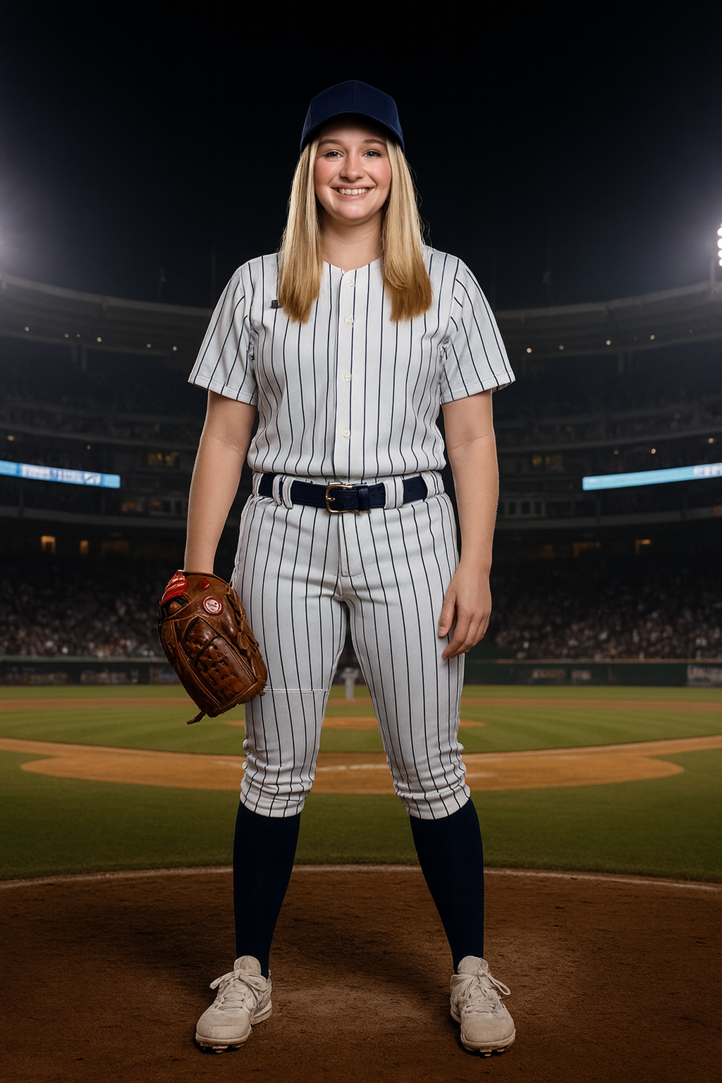 A young woman in a baseball uniform standing on a baseball field holding a glove, with a stadium background at night. Created by photobooth ai using a photo taken by an attendee