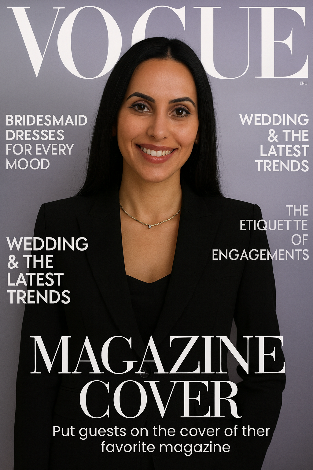 Cover of Vogue magazine featuring a smiling woman in a black blazer and necklace, with headlines about weddings, trends, and etiquette on a light purple background. Created by photobooth ai using a photo taken by an attendee