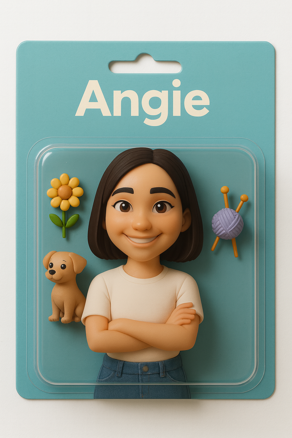 Animated figurine of a woman with short black hair, smiling, with her name and some items she enjoys. this images was generated by our photobooths ai from a photo taken by an attendee. just on example of one of the many choices our photobooth offers