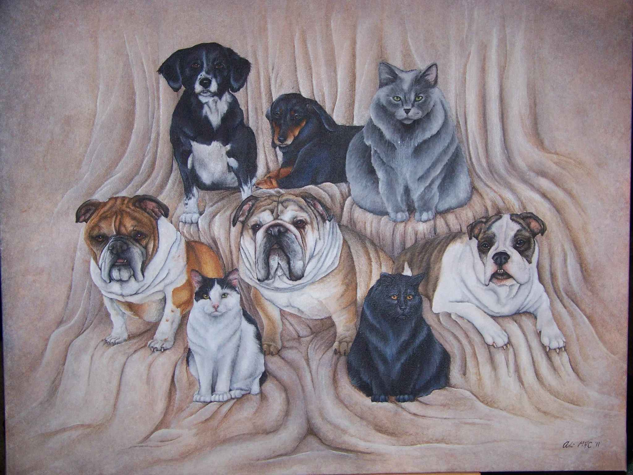 A painting of a group of dogs and cats sitting on a textured beige background. The animals include bulldogs, bulldog puppies, a black cat, gray fluffy cat, and two Dachshunds, arranged sitting and lying down.