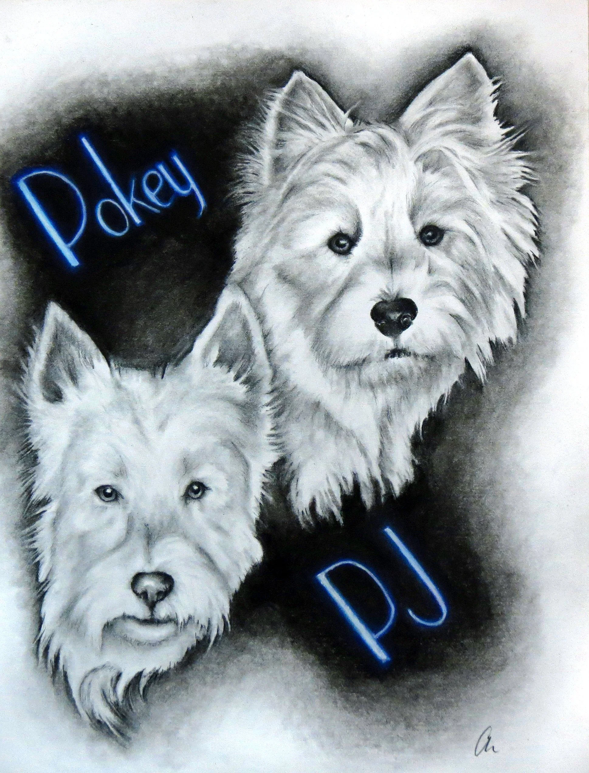 Drawing of two adorable dogs with the words 'Pokey' and 'PJ' in blue neon-style text.