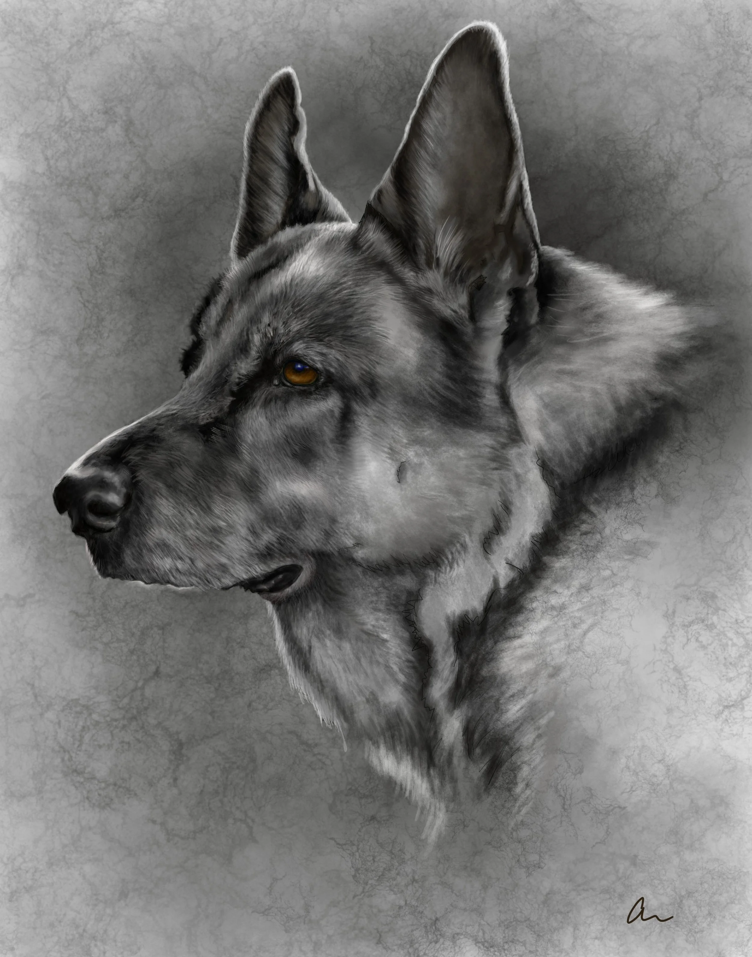 Digital painting of a German Shepherd dog in profile view with a textured gray background.