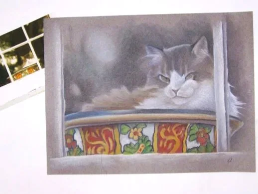 A painting of a gray and white cat resting on a windowsill, with a nighttime scene outside.