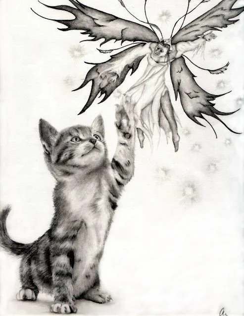 Sketch of a kitten reaching up to a butterfly with human-like wings, held in the air by the kitten's paw.