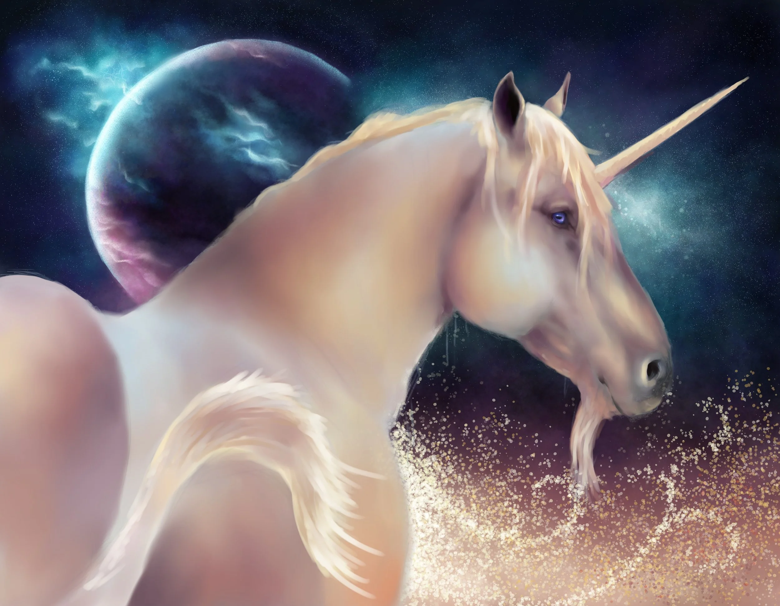 A digital painting of a unicorn with a cream-colored mane and a glowing horn in space, with a planet and nebula in the background.