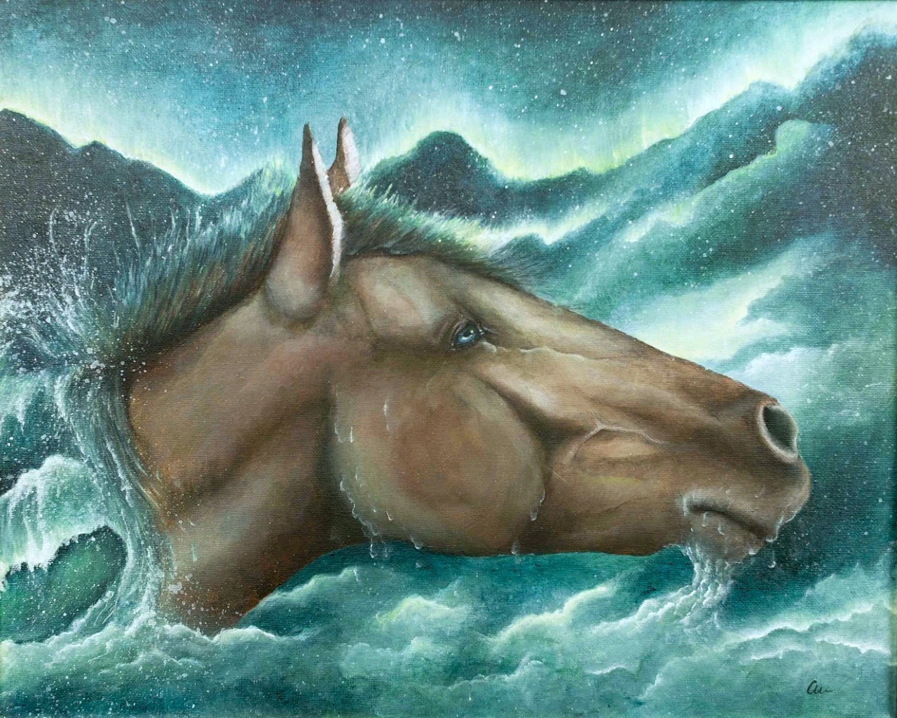 A painting of a horse's head emerging from ocean waves against a backdrop of mountains and northern lights in the sky.