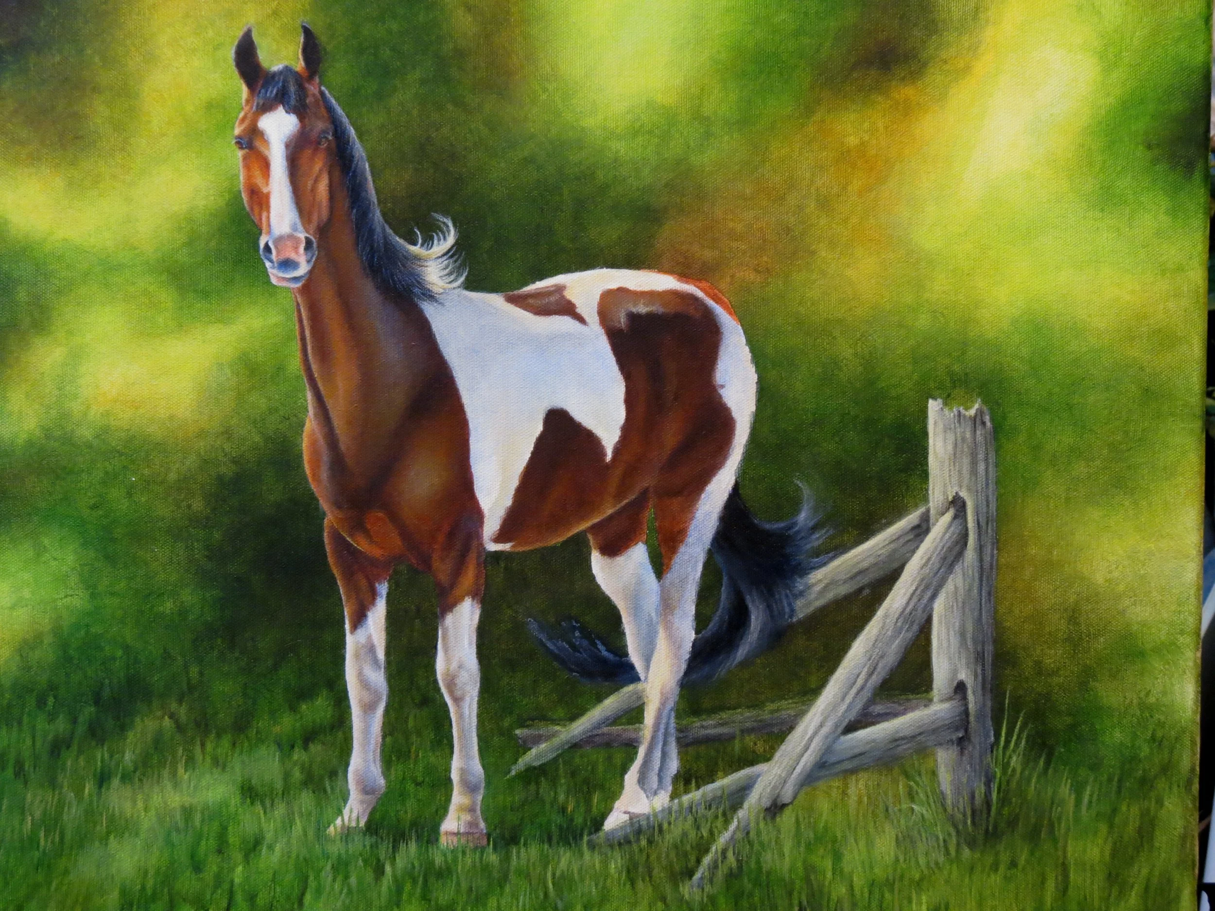 Painting of a brown and white horse standing on green grass with destruction of a wooden fence nearby, in a park-like setting.