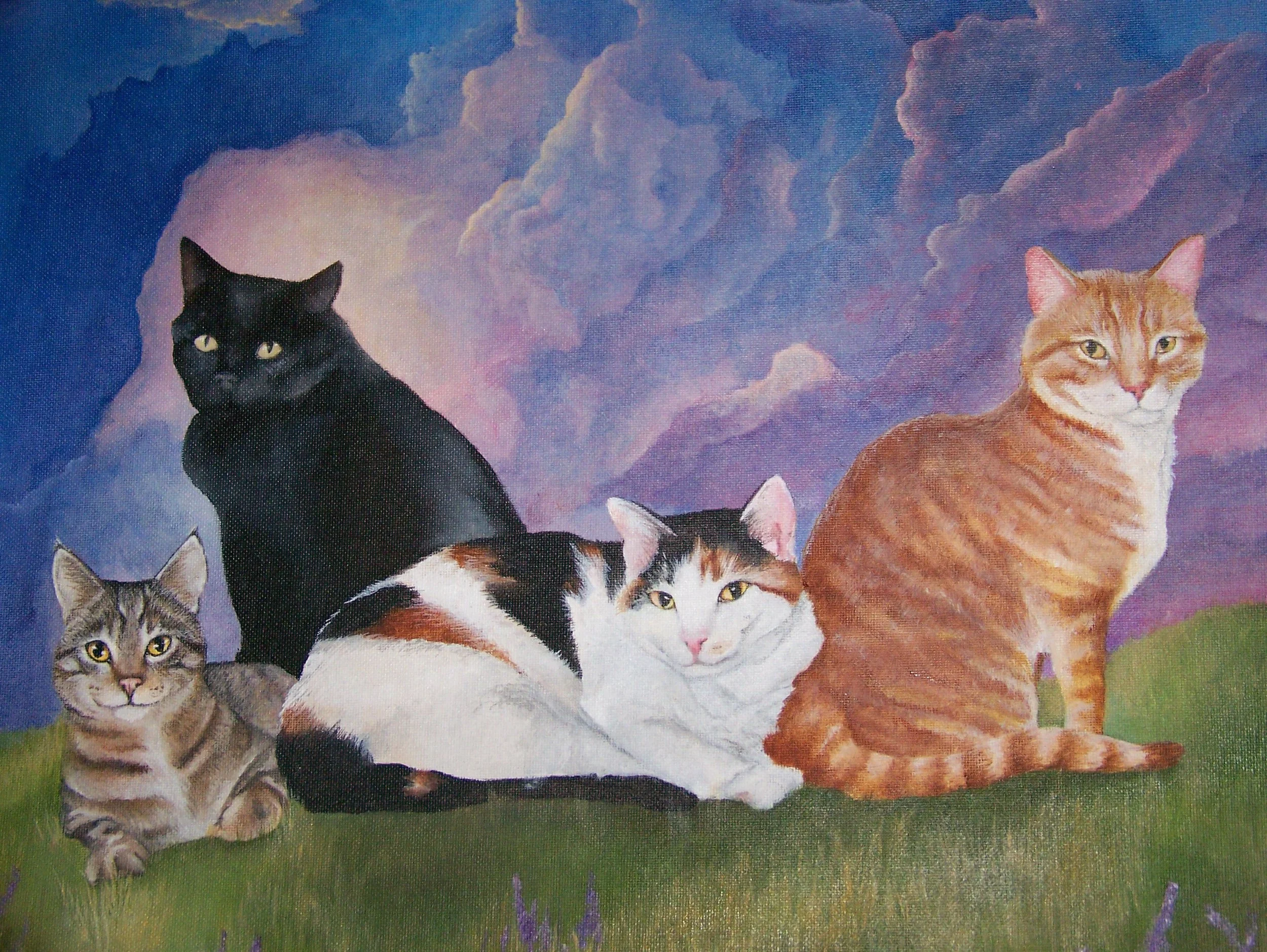 Painting of four cats sitting on grass with a colorful cloudy sky in the background.
