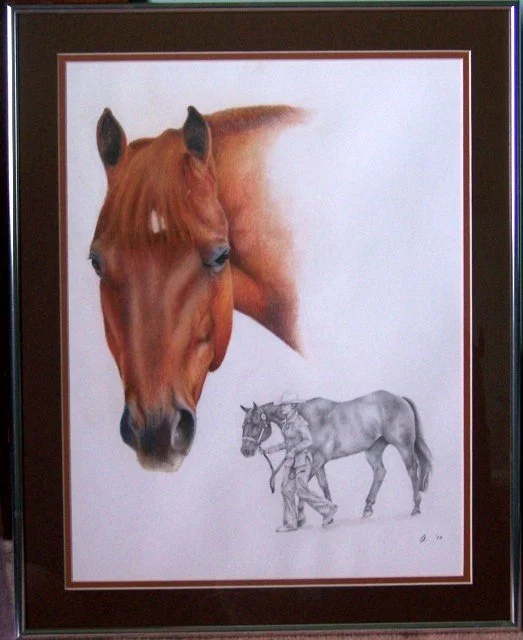Painting of a large horse's head in full color, and a sketch of a horse with a person walking beside it.