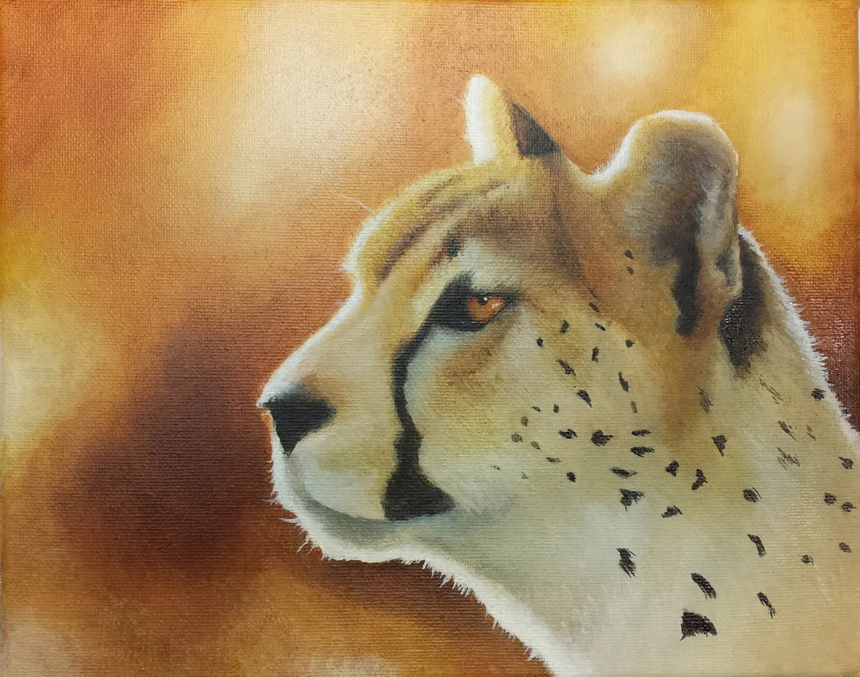 Painting of a cheetah's head in profile with a warm orange background.