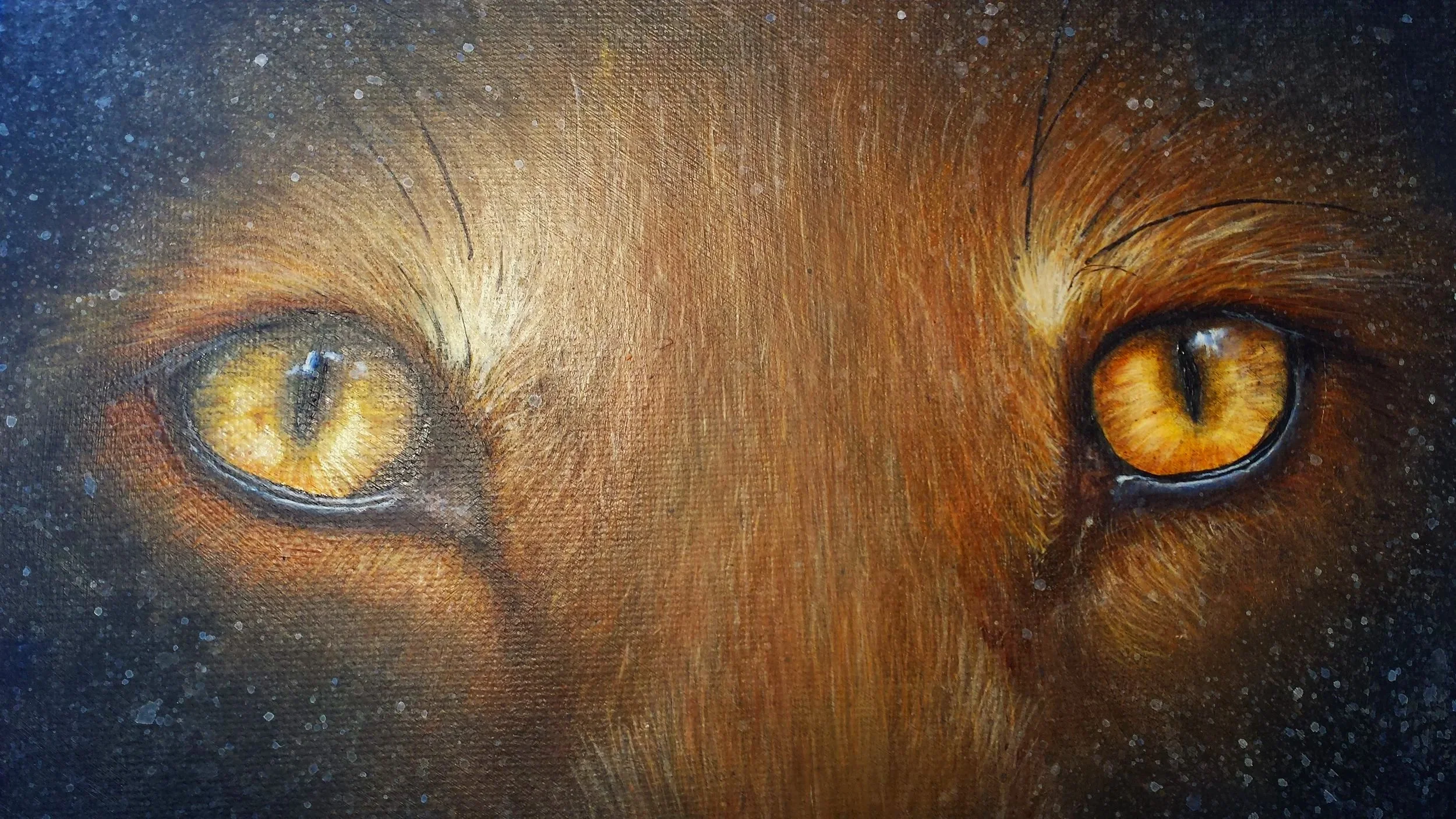 Close-up of a painting of a cat's face, focusing on its striking yellow eyes and orange fur with dark background.