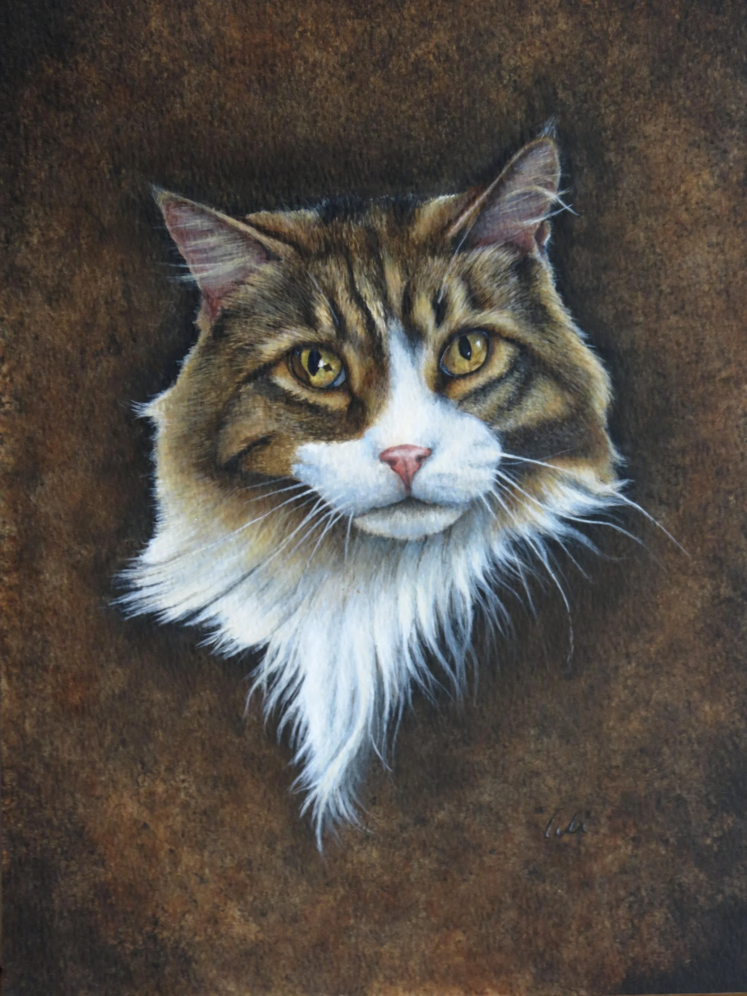 A detailed painting of a tabby and white long-haired cat with yellow eyes, pink nose, set against a brown textured background.