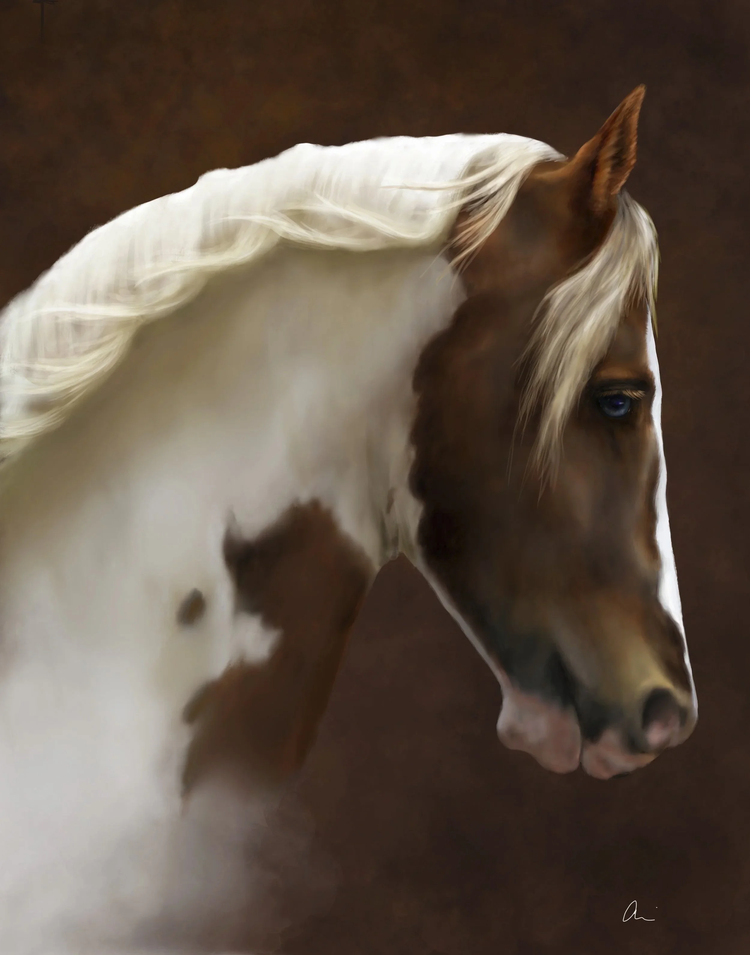 Close-up of a horse with a braided white mane against a dark background.