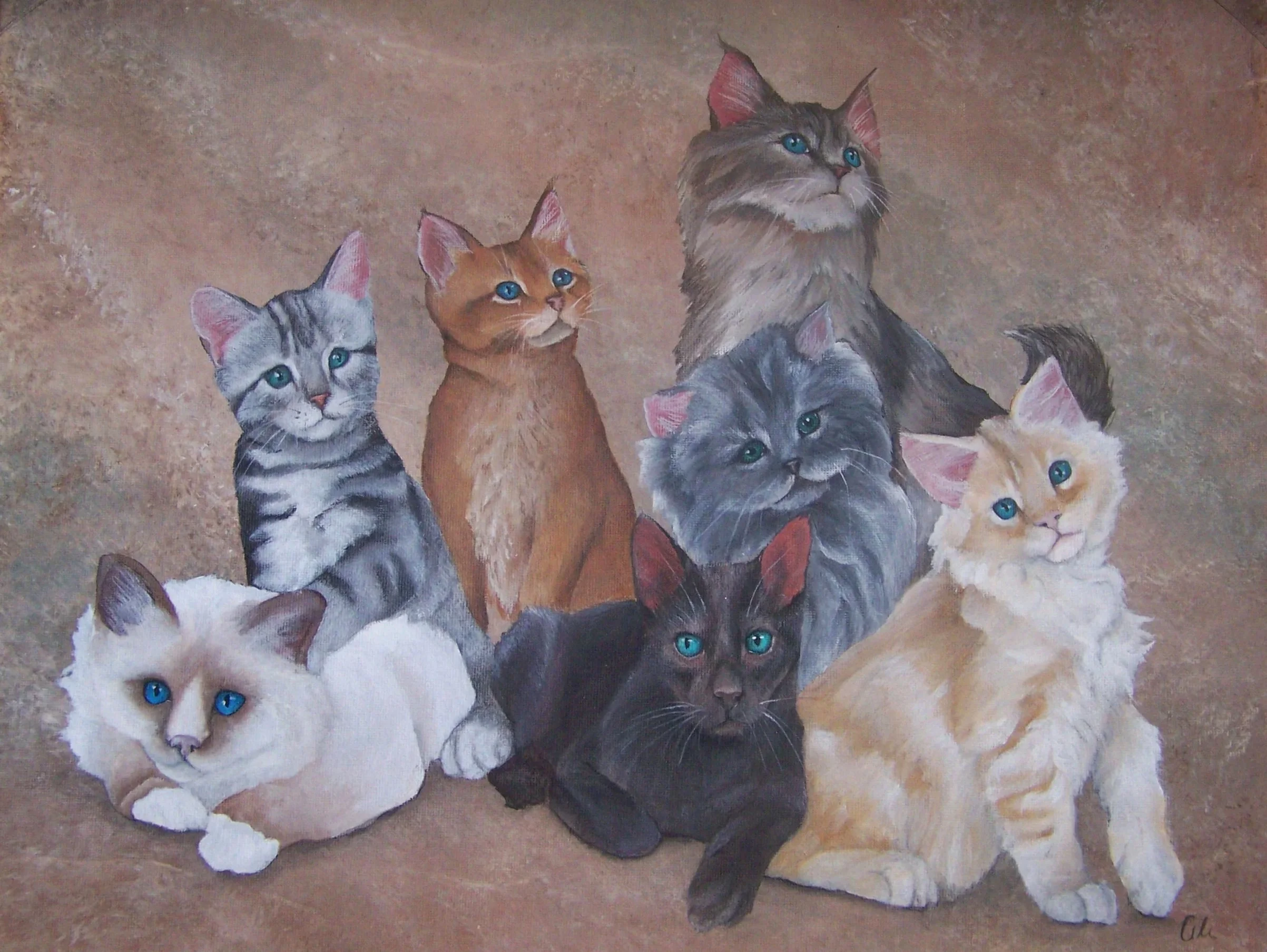 A painting of nine cats with blue eyes, various fur colors and patterns, sitting and lying on a brown textured background.