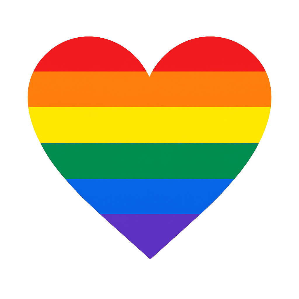 A heart-shaped pixel art with rainbow stripes representing the LGBTQ+ pride flag.