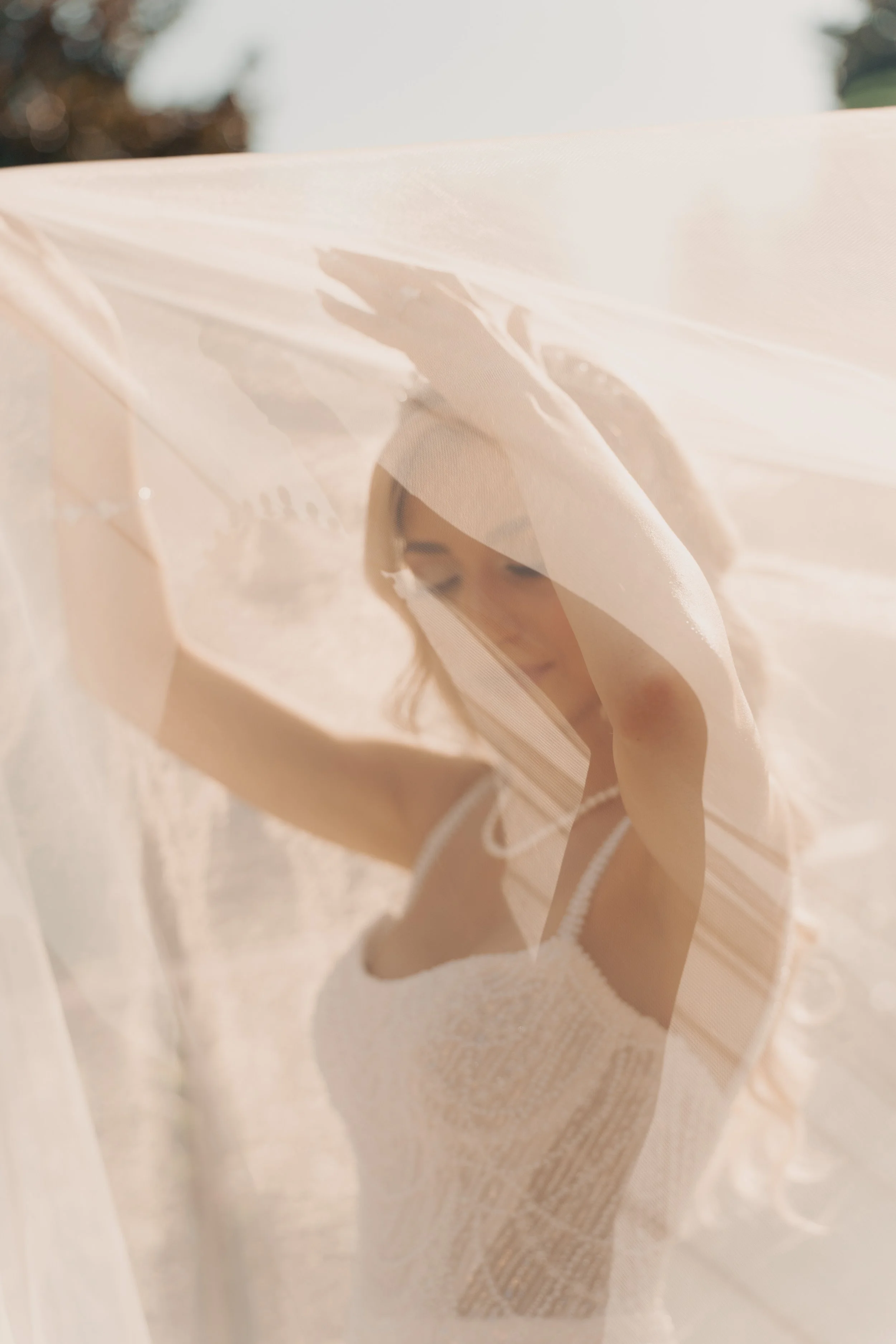 Soft natural light bridal portrait of a bride holding her veil during a Bay Area wedding, photographed by Lei Photography Collective.