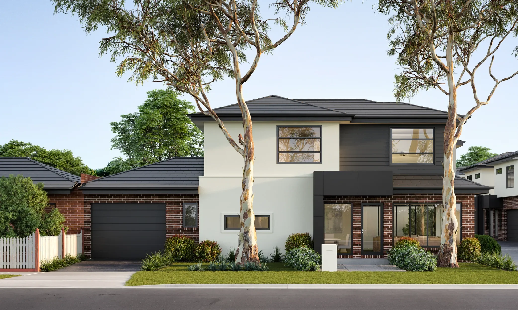 Front view of a modern two-story house with brick, white, and black siding, large windows, and a small front garden with trees and bushes.