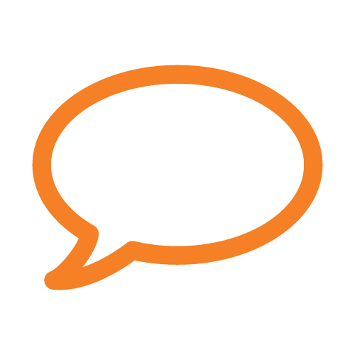 An orange outline of a speech bubble on a white background.