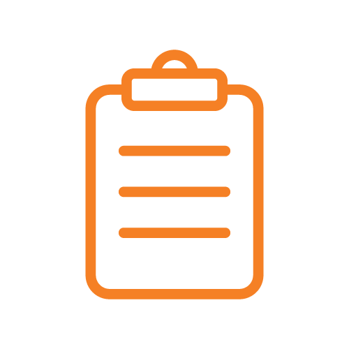 Icon of a clipboard with lines representing text on it, outlined in orange